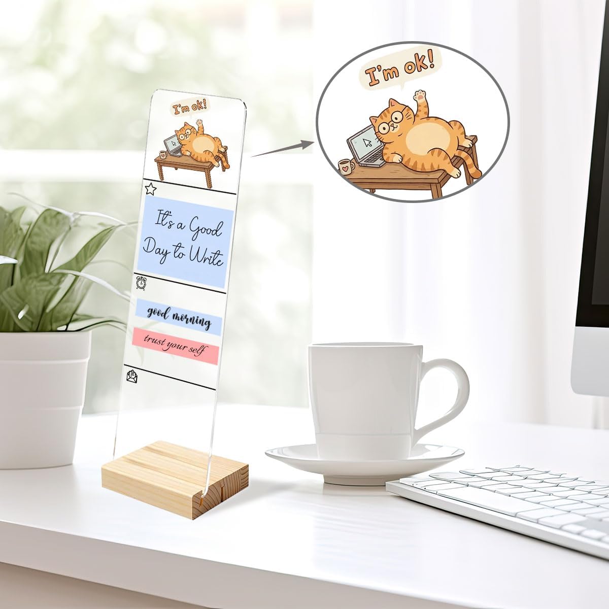 Sticky Notes Monitor Memo Board Acrylic Note Holder with Removable Wooden Base, Everything is Fine Logo Desk Set Includes 200 Sheets Two Sizes Sticky Notes, Office Desk Accessories Organizer