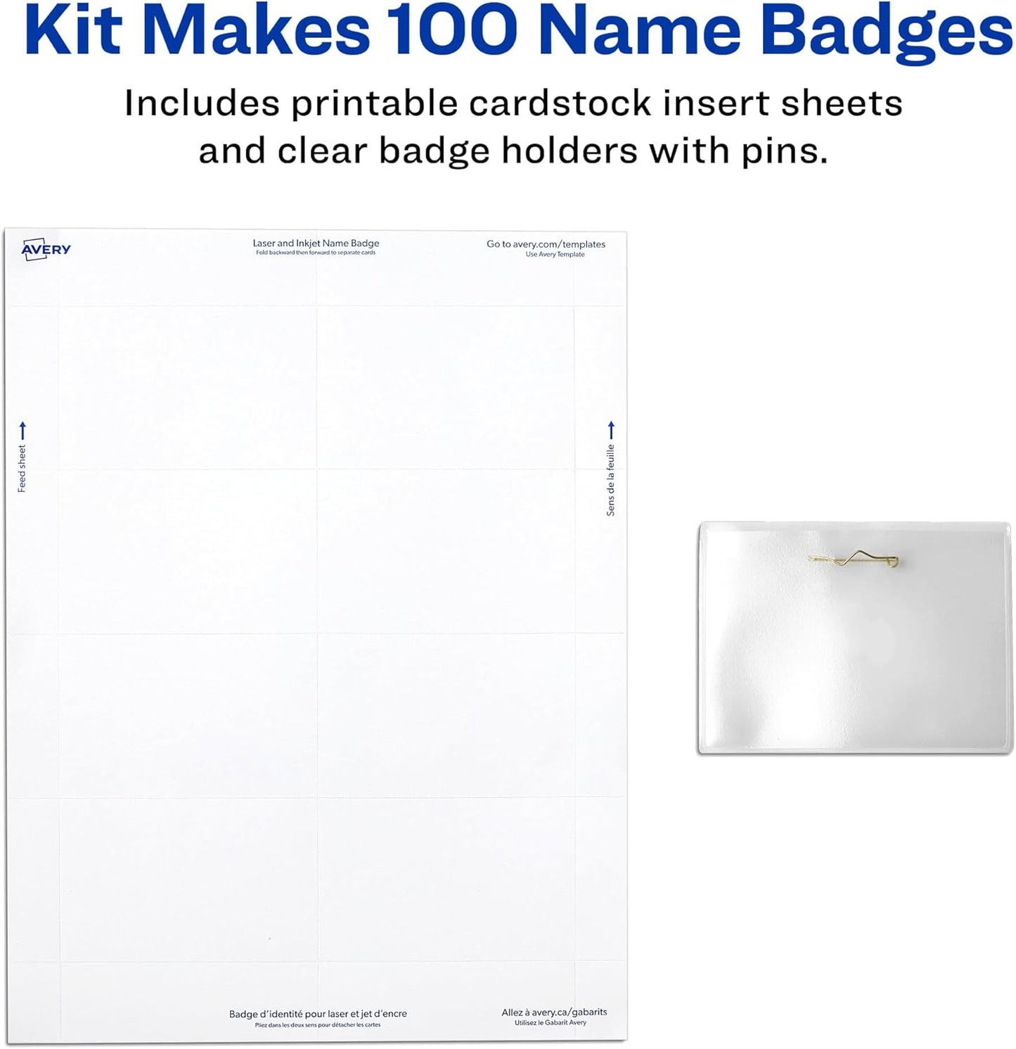 Avery Customizable Name Badges, Pin Style, 2.25" x 3.5", Clear Name Tag Holders, White Laser/Inkjet Printable Inserts, 100 Total (74549)