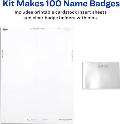 Avery Customizable Name Badges, Pin Style, 2.25" x 3.5", Clear Name Tag Holders, White Laser/Inkjet Printable Inserts, 100 Total (74549)