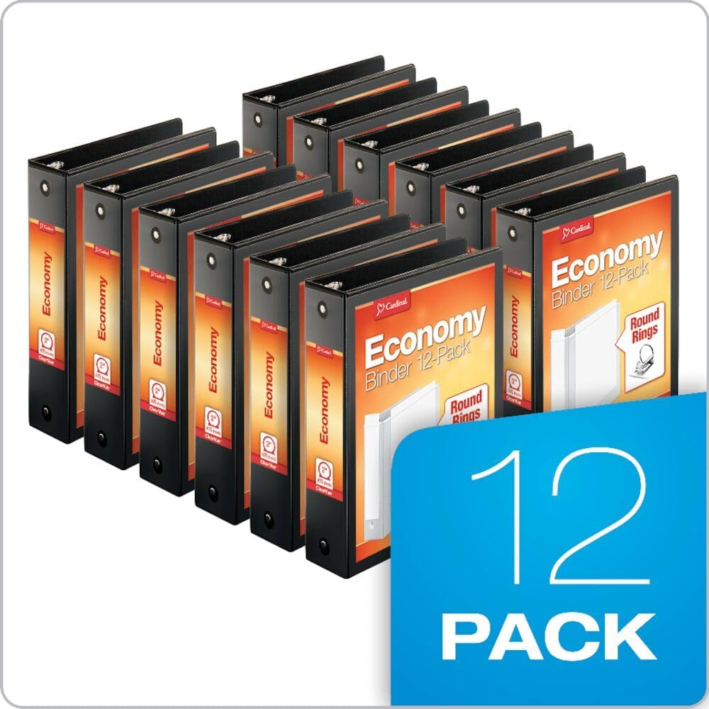 Cardinal Economy 3-Ring Binders, 3", Round Rings, Holds 625 Sheets, ClearVue Presentation View, Non-Stick, White, Carton of 12 (90651)