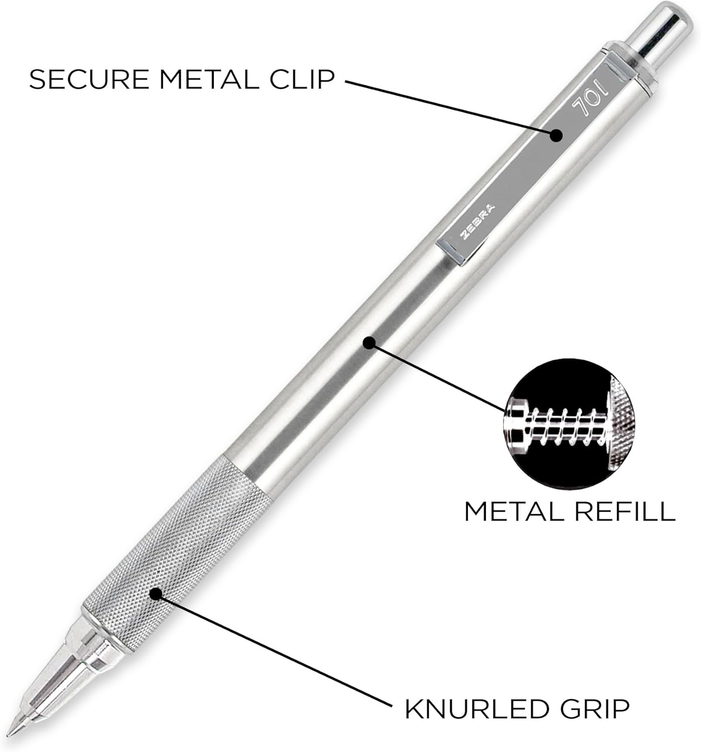 Zebra Pen F-701 Ballpoint Black Ink Fine Point 0.8mm Pen, Heavy Duty, Durable Stainless Steel Barrel, Knurled Grip, Silent Retractable Plunger, Ideal for Tactical Use, 3-Pack Plus 2 Refills (29412)
