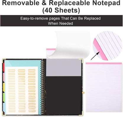 Clipboard Folio with Refillable Notepads, Marble Clipfolio with 5 Dividers with 10 Pockets, Spiral Clipboard Folder Design for School, Office, Work, Teacher, Students, Nurses (Black, 9.4 x 12.8)