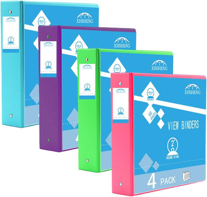 2 Inch 3 Ring Binders,Multicolor Customizable Round Ring Binder for School,Office,Home,Purple/Pink/Blue/Green,4 Pack