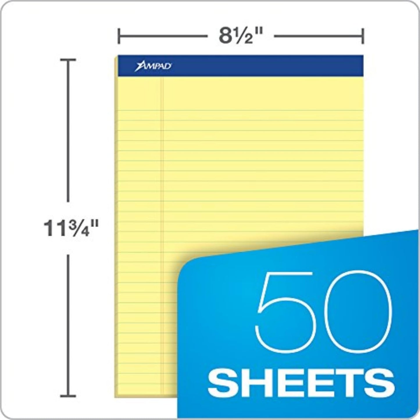 Ampad Writing Pads, 8-1/2" x 11-3/4", Legal Rule, Canary Paper, 50 Sheets, 12 Pack (20-220)