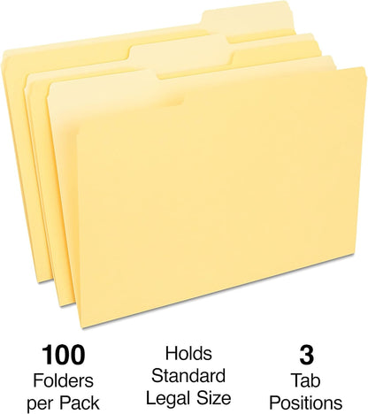 Staples Recycled File Folders, Legal Size, 1/3‑Cut Tabs, Manila, 30% Recycled Paper Stock, 100/Box