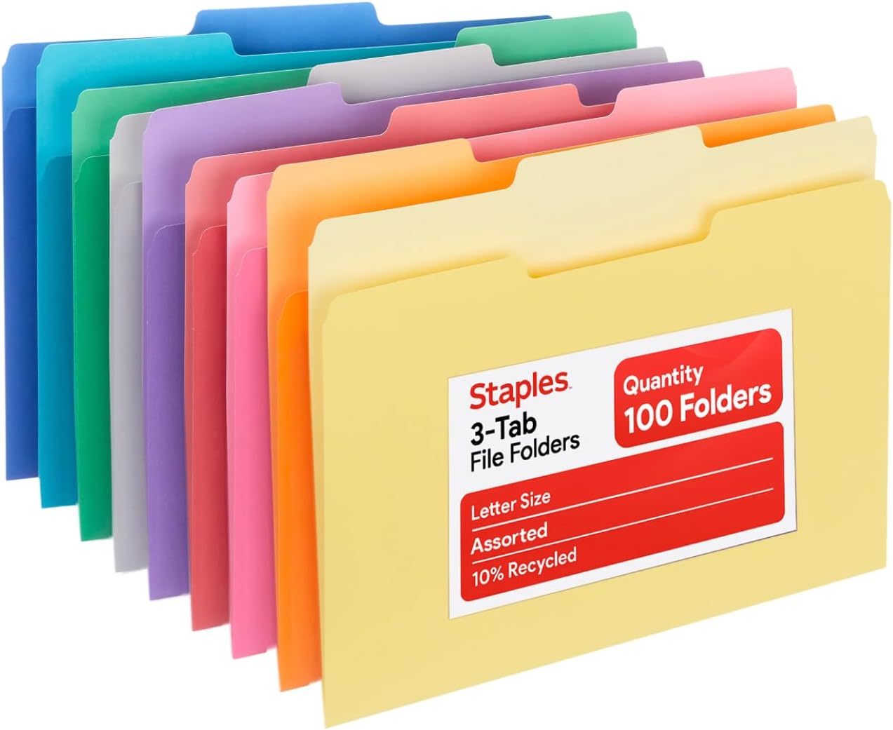 Staples File Folders, Letter Size, 1/3‑Cut Tabs, Purple, Durable 10.5‑Point Paper Stock, 100/Pack