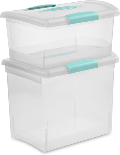 Sterilite Large Nesting ShowOffs, Stackable Small Storage Bin with Latching Lid and Handle, Plastic Container to Organize Office Files, Clear, 6-Pack