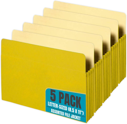 1InTheOffice File Jackets, File Jackets Letter Size, File Pocket, Expandable, 3.5" Expansion, Letter Size, Reinforced Straight Cut Tab, Gusset, Yellow, 5 Pack
