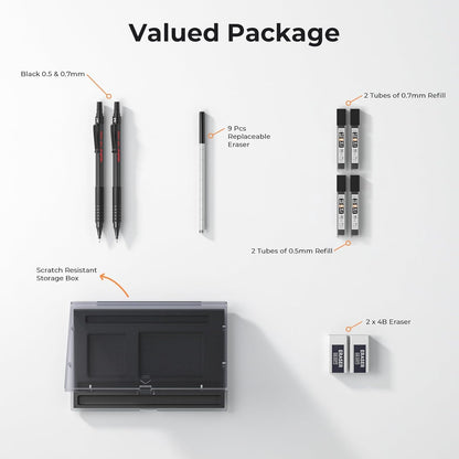 Nicpro 2 PCS Mechanical Pencils 0.5mm & 0.7 mm with Case, MP1000 Metal Artist Pencil Set with 4 Tubes HB Lead Refills, 2 Erasers, 9 Eraser Refills For Art Writing Drafting Drawing, Black & Silver