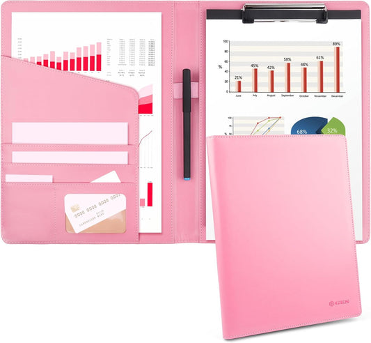 Pink Padfolio Clipboard Portfolio Folder with Pen - Geila PU Leather Resume Portfolio - Interview/Legal Document Organizer & Conference Folder for Business Office - with 8.5 x11In Writing Pad