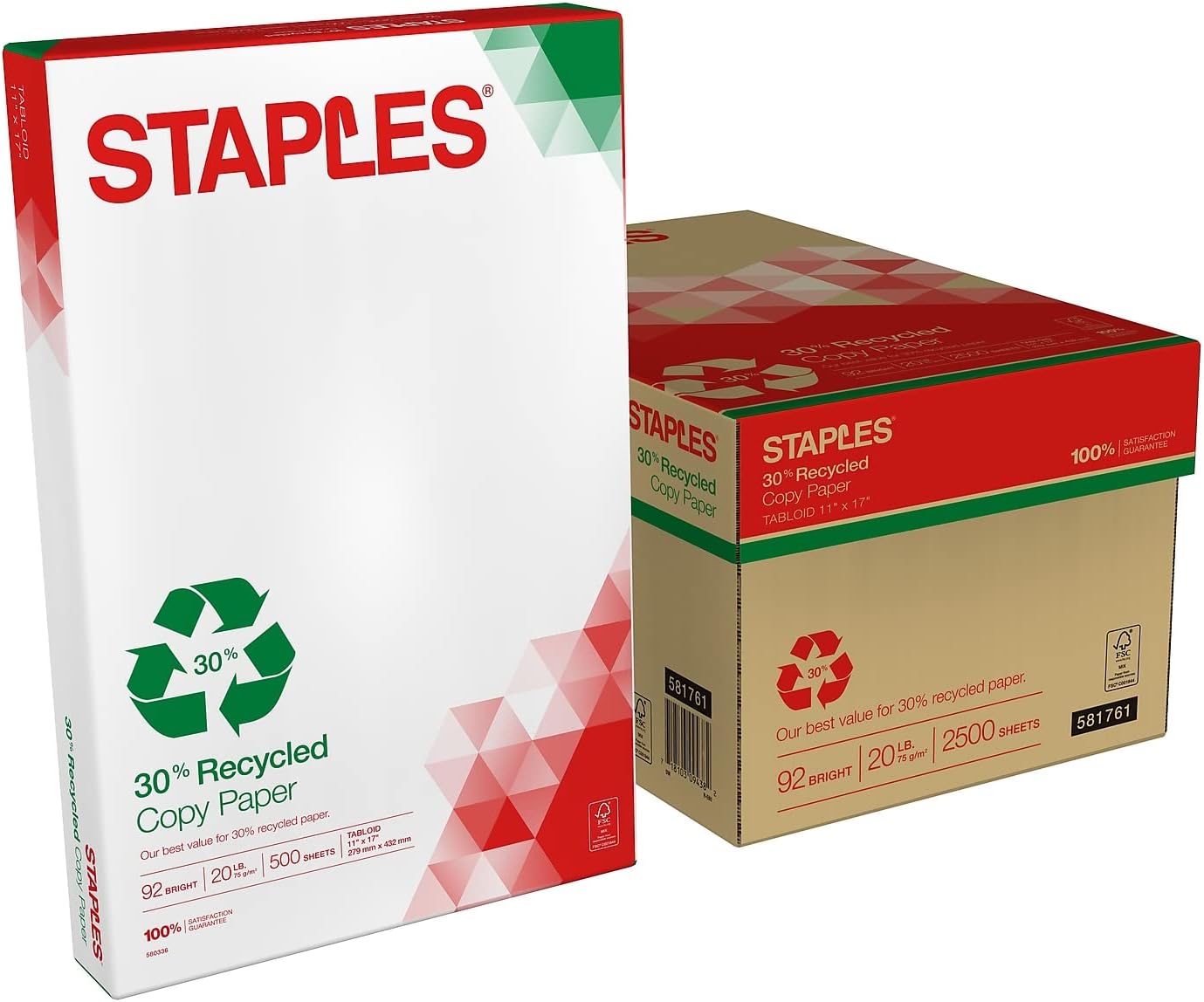 Staples 30% Recycled 11x17 Paper 20 lbs 92 Bright 500/Ream, For Office, School & Home