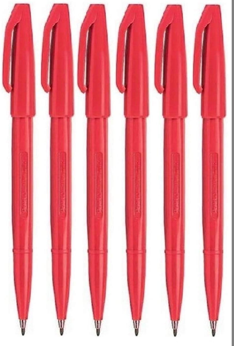 Pentel Red Original Sign Pen S520 Fibre Tip Marker Pens Colour Fineliner 2mm Nib 1mm Line Width (Pack of 6)