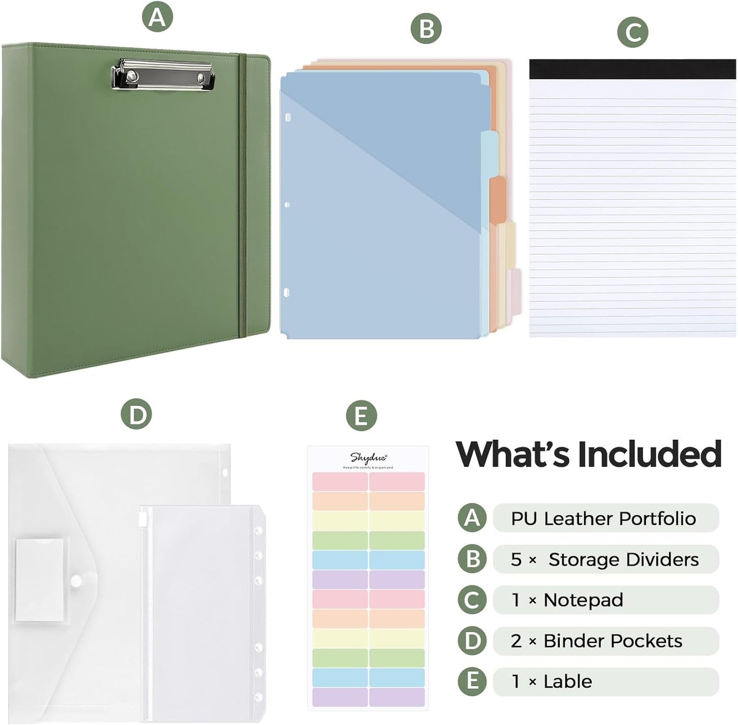 SKYDUE 3 Ring Binder with Clipboard,1 Inch Binder, 13.2" × 10.2" PU Clipboard Binder with Notepad & 5 Dividers with 5 Pockets, Labels, Clipboard Folder Great for School Office(Fit Letter Sized Paper)
