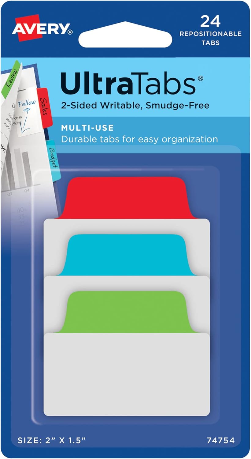 Avery Multiuse Ultra Tabs, 2" x 1.5", 2-Side Writable, Assorted Pastel Dots, 24 Repositionable Tabs (74773)