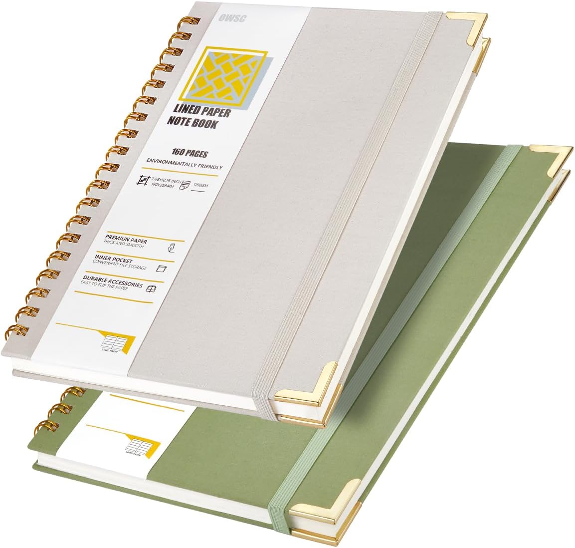 OWSC Lined Spiral Notebook with thick 110 GSM Papers, 320 Pages B5 Size College Ruled Notebook, Hardcover 7.1 x 10 Inches Journal for Women and Men, Notebooks for work, School (2 Pack B5 Grey Green)