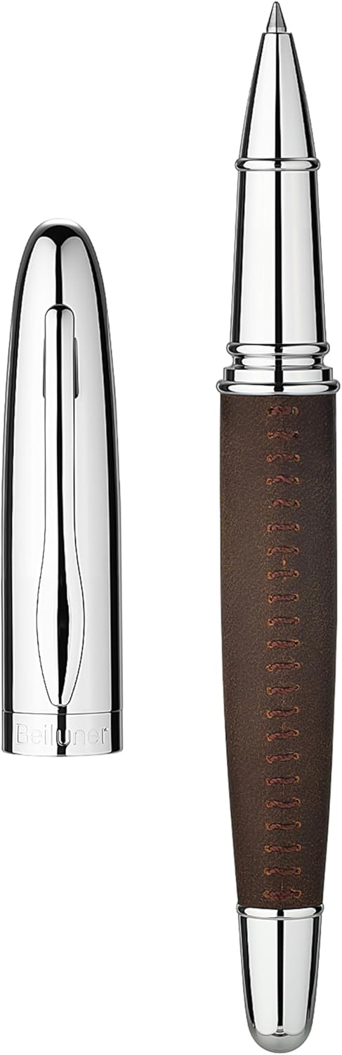 BEILUNER 318 Luxury Leather Pen, Hand-Stitched Premium Leather, Chrome-Plated Finish, Schmidt Ink Refill, Best Rollerball Pen Gift for Men & Women, Refillable, Executive Writing, Nice Pens
