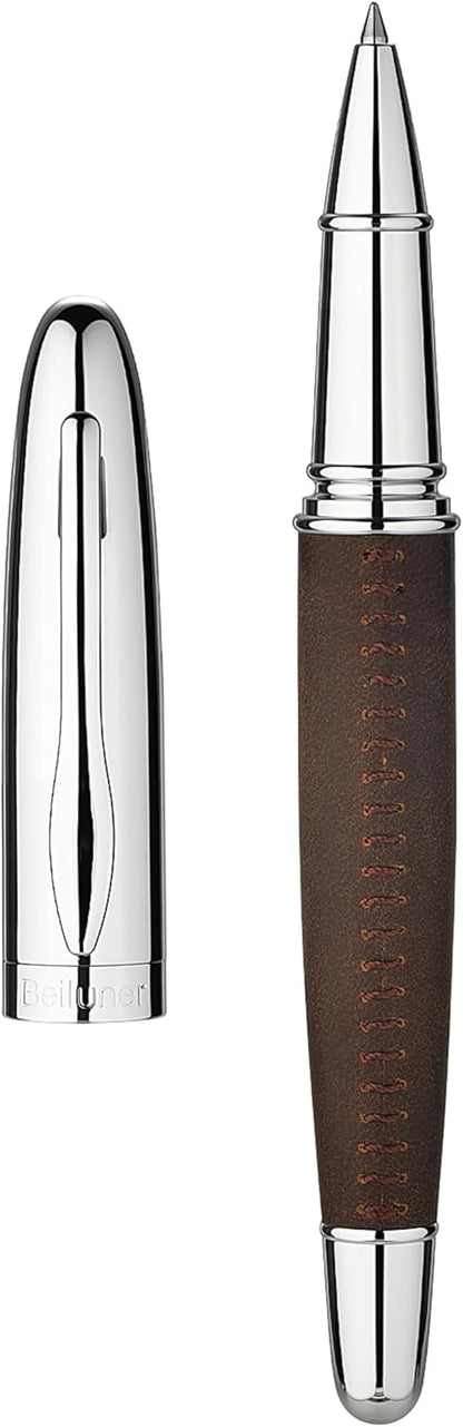 BEILUNER 318 Luxury Leather Pen, Hand-Stitched Premium Leather, Chrome-Plated Finish, Schmidt Ink Refill, Best Rollerball Pen Gift for Men & Women, Refillable, Executive Writing, Nice Pens