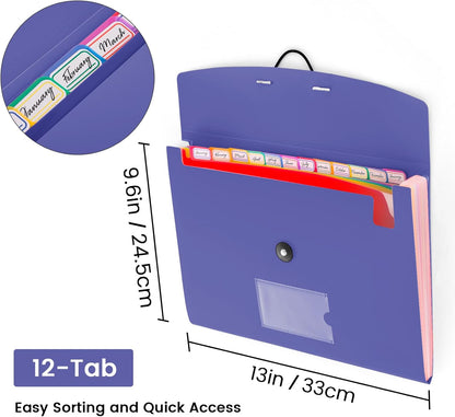 13 Pocket Accordion File Organizer with Elastic Closure, Expanding File Folder for Letter Size A4 Papers, Ideal for Home, Office Supplies, College Essentials - Purple