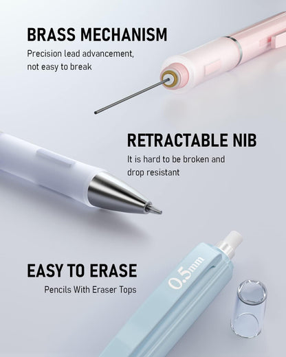 Nicpro 3PCS Cute Mechanical Pencil Set with Case, 0.7 mm Pencils with 6 Tube HB Lead Refill, 3PCS Eraser, 9PCS Eraser Refill for School Supplies Student Writing, Drafting Drawing Sketching