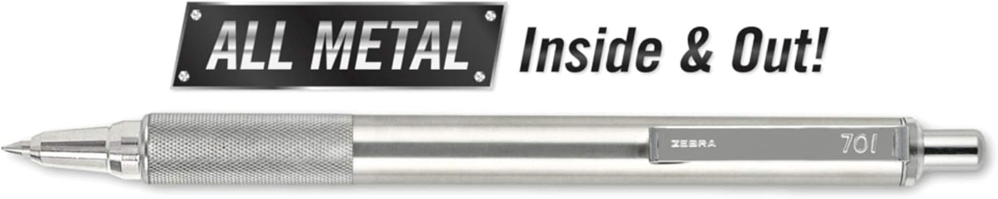 Zebra Pen F-701 Retractable Ballpoint Pen, 0.8mm Fine Point, Stainless Steel Barrel, Black Metal Pen with 2 Ink Refills