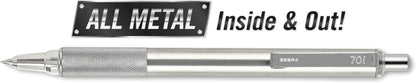 Zebra Pen F-701 Retractable Ballpoint Pen, 0.8mm Fine Point, Stainless Steel Barrel, Black Metal Pen with 2 Ink Refills
