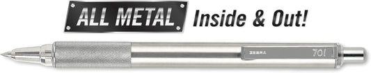 Zebra Pen F-701 Retractable Ballpoint Pen, 0.8mm Fine Point, Stainless Steel Barrel, Black Metal Pen with 2 Ink Refills