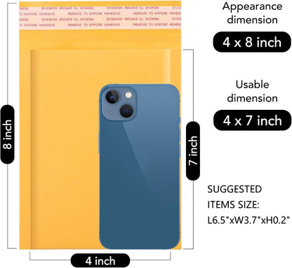 Fuxury Kraft Bubble Mailer 4x8” 50Pack Padded Envelopes Usable Size 4x7" Strong Adhesion Thick Bubble Envelopes Waterproof Cushioned Bubble Mailers Packaging for Small Business #000 Yellow