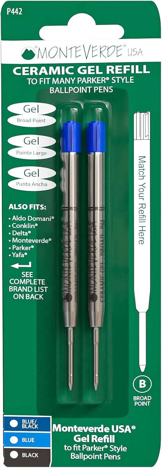 Monteverde USA Capless Ceramic Gel Refills to Fit Parker Pens, Broad Point, Blue Ink, 2-Pack – Smooth and Vibrant Writing Solution