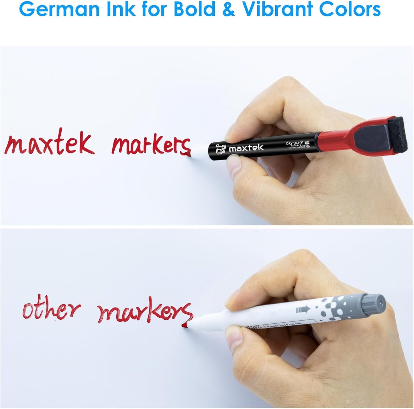 maxtek Magnetic Black Dry Erase Markers, 6 Count Fine Tip Whiteboard Markers with Eraser, Thin Markers Low Odor for Classroom, Office, Home