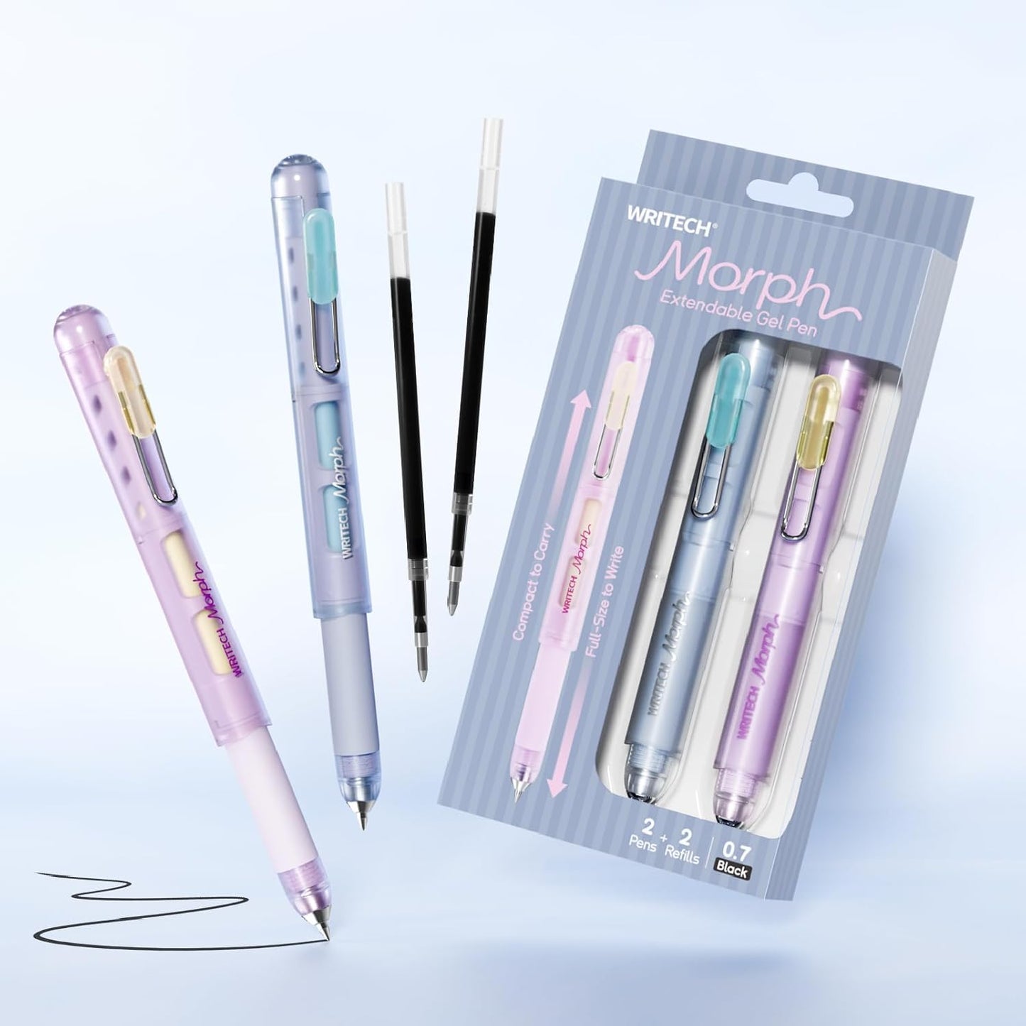 WRITECH Morph Extendable Gel Pens: 0.7mm Medium Point Black Ink Pocket-to-Full-Size Design Translucent Soft Grip Barrel Includes 2 Pens and 2 Refills Dual-Length Pocket Pen 4.6" to 6.1"