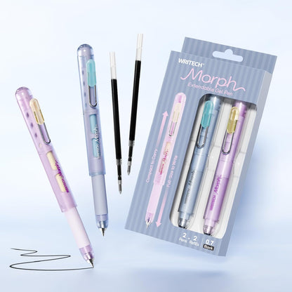 WRITECH Morph Extendable Gel Pens: 0.7mm Medium Point Black Ink Pocket-to-Full-Size Design Translucent Soft Grip Barrel Includes 2 Pens and 2 Refills Dual-Length Pocket Pen 4.6" to 6.1"