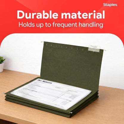 Staples Hanging File Folders, Legal Size, Straight‑Cut Tabs, Standard Green, Durable Filing Solution – 25/Box
