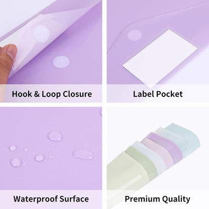 EOOUT 30 Pack 10 Color Plastic Envelopes Poly Envelopes, Hook & Loop Closure File Folders Clear Document Folders File Envelopes with Label Pocket A4 Size