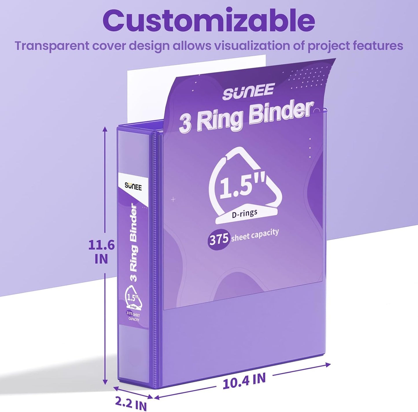 SUNEE 3 Ring Binder 2 Inch, Clear View Binder Three Ring PVC-Free (Fit 8.5x11 Inches) for School or Office Supplies, Light Purple, 1 Pack