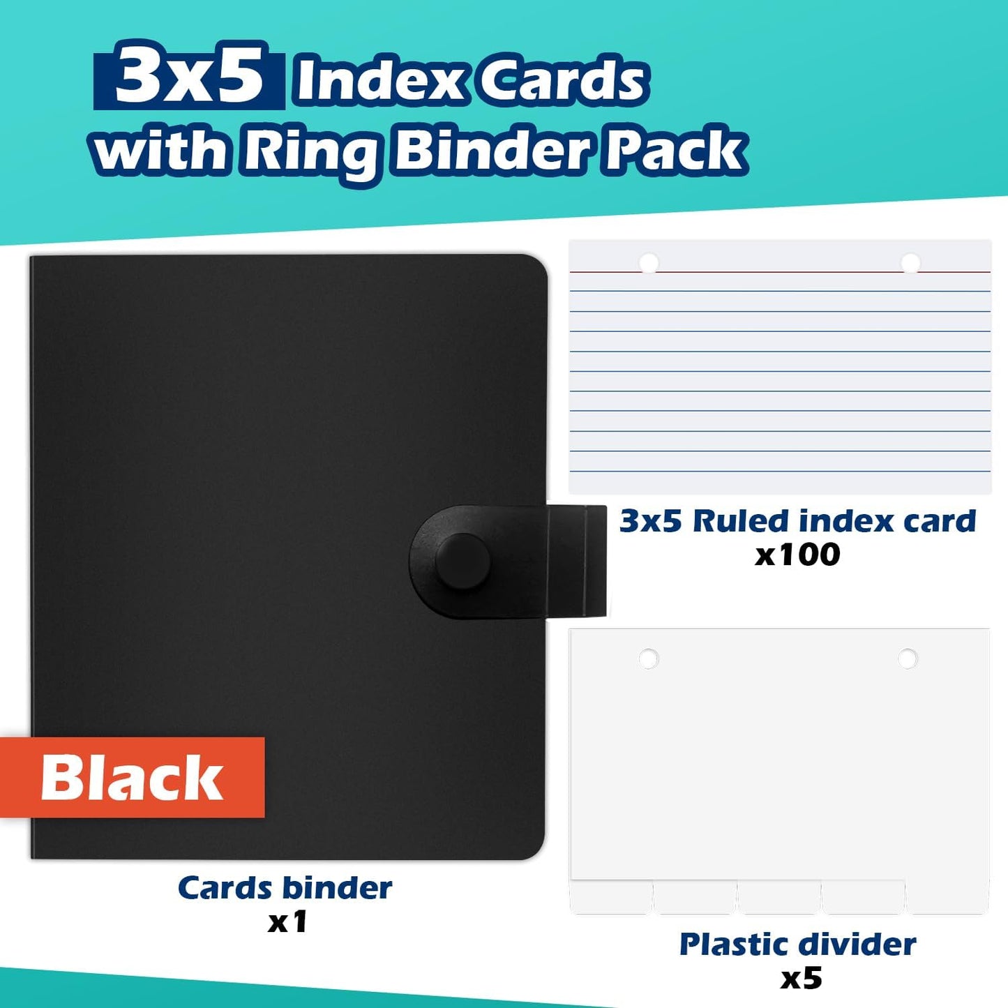 3x5 Lined Index Cards with Ring Binder Holder and Dividers, 100 Ruled Cards, Blue