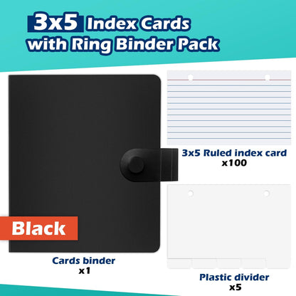 3x5 Lined Index Cards with Ring Binder Holder and Dividers, 100 Ruled Cards, Blue
