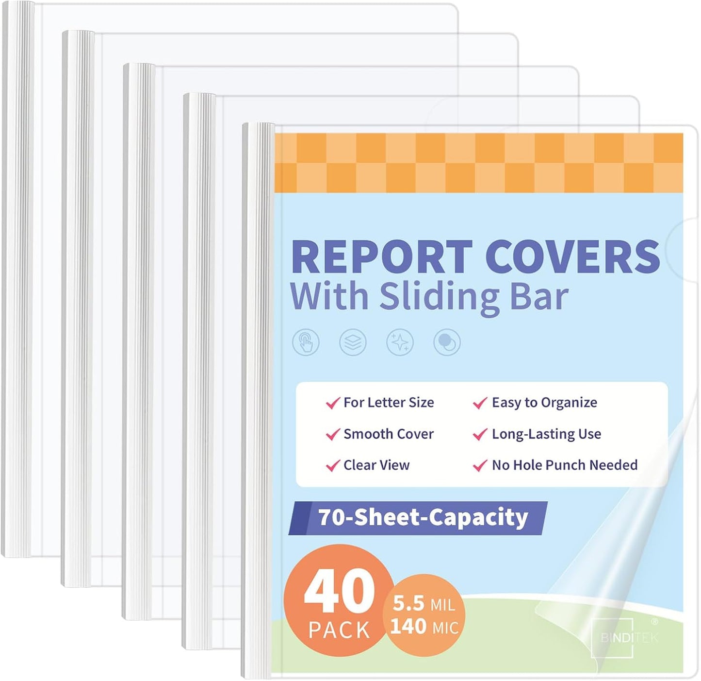 Binditek 12 Pack Clear Report Covers with Sliding Bars, 9mm Sliding Bar File Folder, 70 Sheet Capacity, Letter Size, 5.5 Mil Thick, White, for Students and Coworkers