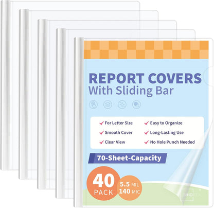 Binditek 12 Pack Clear Report Covers with Sliding Bars, 9mm Sliding Bar File Folder, 70 Sheet Capacity, Letter Size, 5.5 Mil Thick, White, for Students and Coworkers