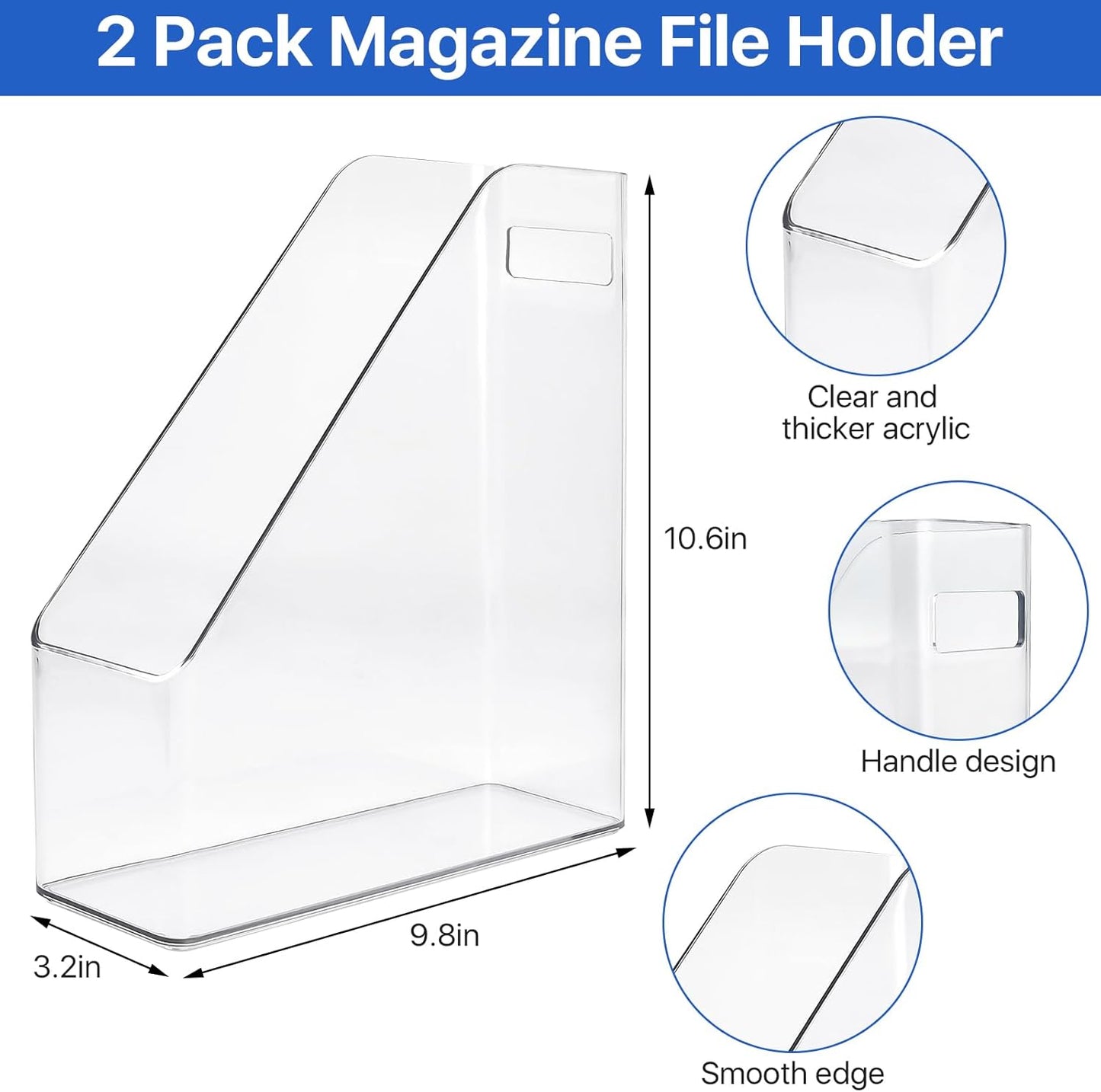 2 Pack Acrylic Magazine File Holder,A4 Vertical File Organizer with Handle for Desk,Clear Document Rack File Folder Storage Bin for Home Office School