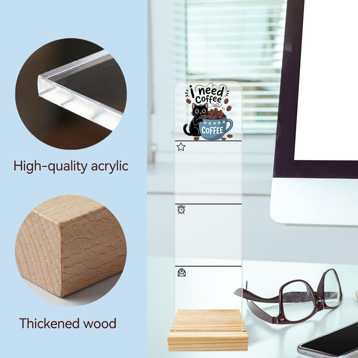 Sticky Notes Monitor Memo Board Acrylic Note Holder with Removable Wooden Base, Everything is Fine Logo Desk Set Includes 200 Sheets Two Sizes Sticky Notes, Office Desk Accessories Organizer
