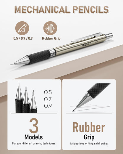 Nicpro 35PCS Art Mechanical Pencil Set, 3 PCS Metal Drafting Pencil 0.5 mm & 0.7 mm & 0.9 mm & 3 PCS 2mm Lead Holder (6B 4B 2B HB 2H 4H Colors) For Sketching Drawing With 20 Tube Lead Refills Case