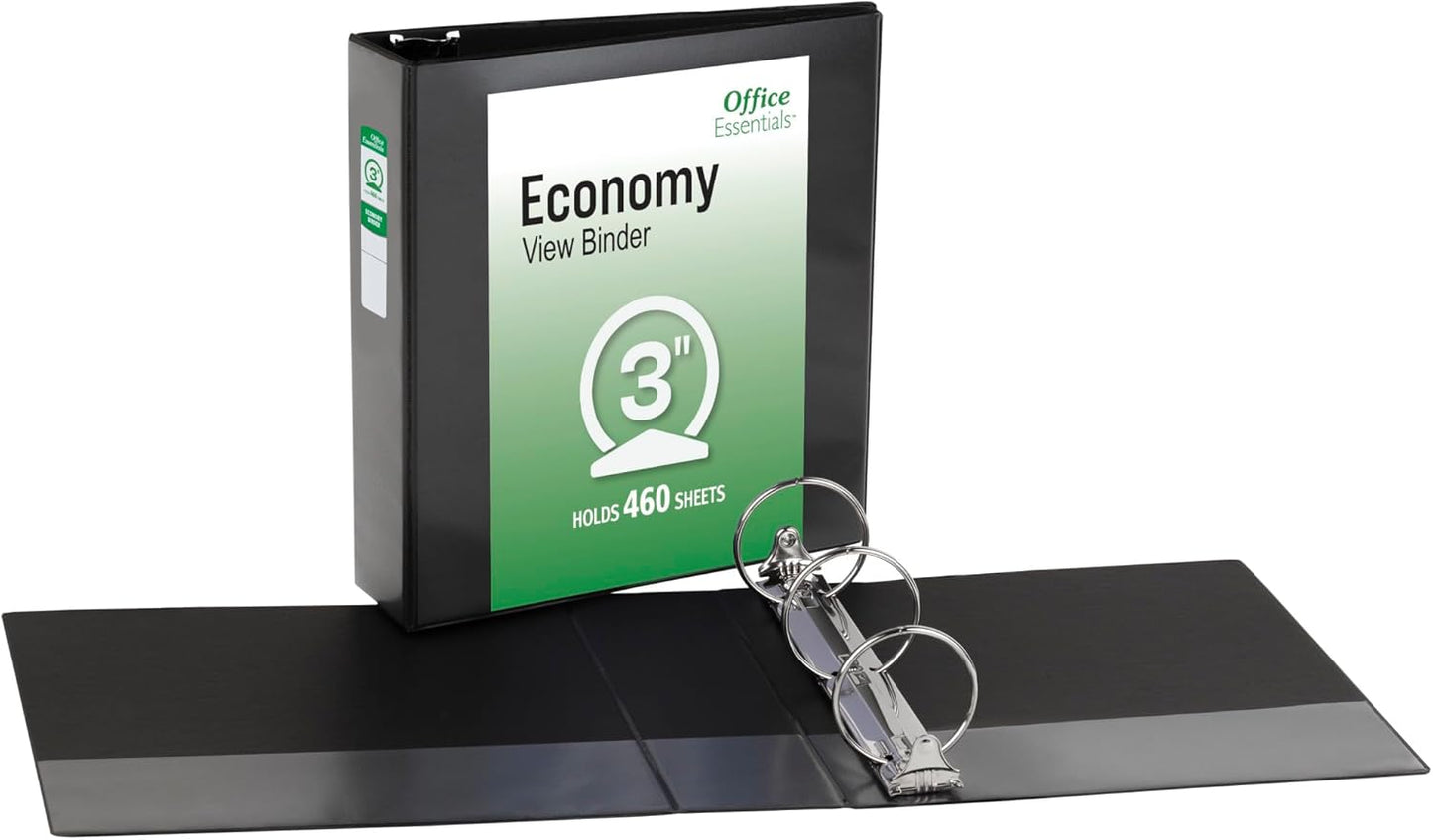 Office Essentials Economy View 3 Ring Binders, 2" Round Rings, 2.8" Spine, 375-Sheet Capacity, Black Binders (4-Pack of 03147)