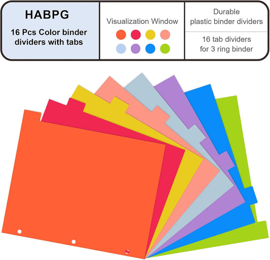 HABGP 16Pcs/2 Set 8 Tab Dividers for 3 Ring Binder, 16 Pcs Multicolor 3 Ring Binder Dividers with Tabs, Page Folder Dividers, Plastic Tabbed File Dividers with Tabs, Three Ring Binder Index Dividers