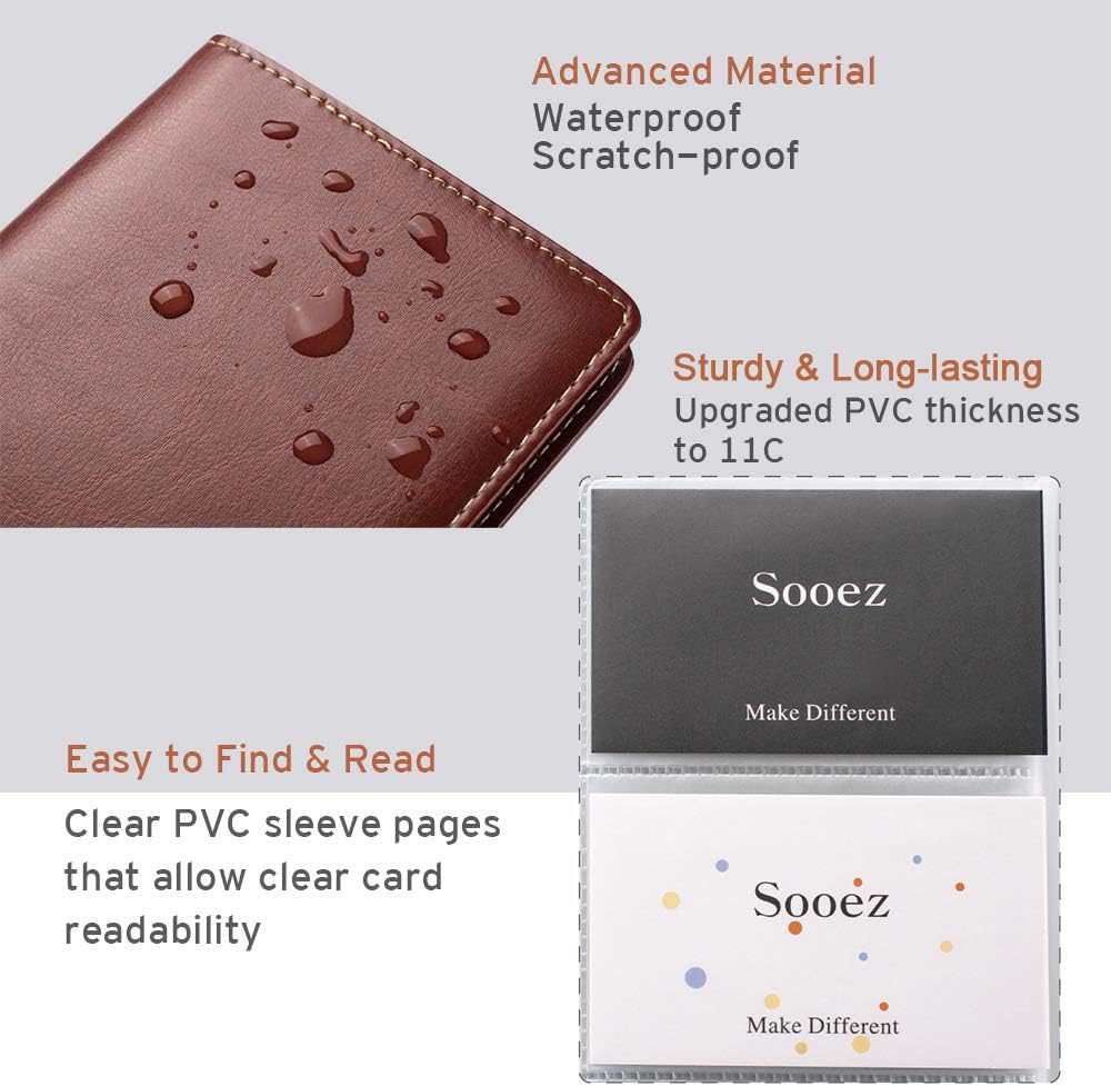 Sooez Leather Professional Business Card Book Holder Organizer, 240 Capacity Credit Card Booklet, PU Name Cards Holder Storage File for Men Women, 7.7 x 4.5 Inch, Black