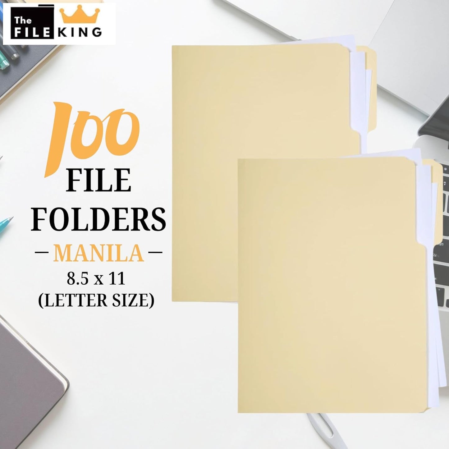 The File King 1/3 Cut File Folders Letter Size - 100 Pack | Manilla Folders 8.5 x 11 | Assorted 3 Tabs | Heavy Duty 11-Point Fiber | Made in USA | Undercut Front Style | Easy Labeling & Organization