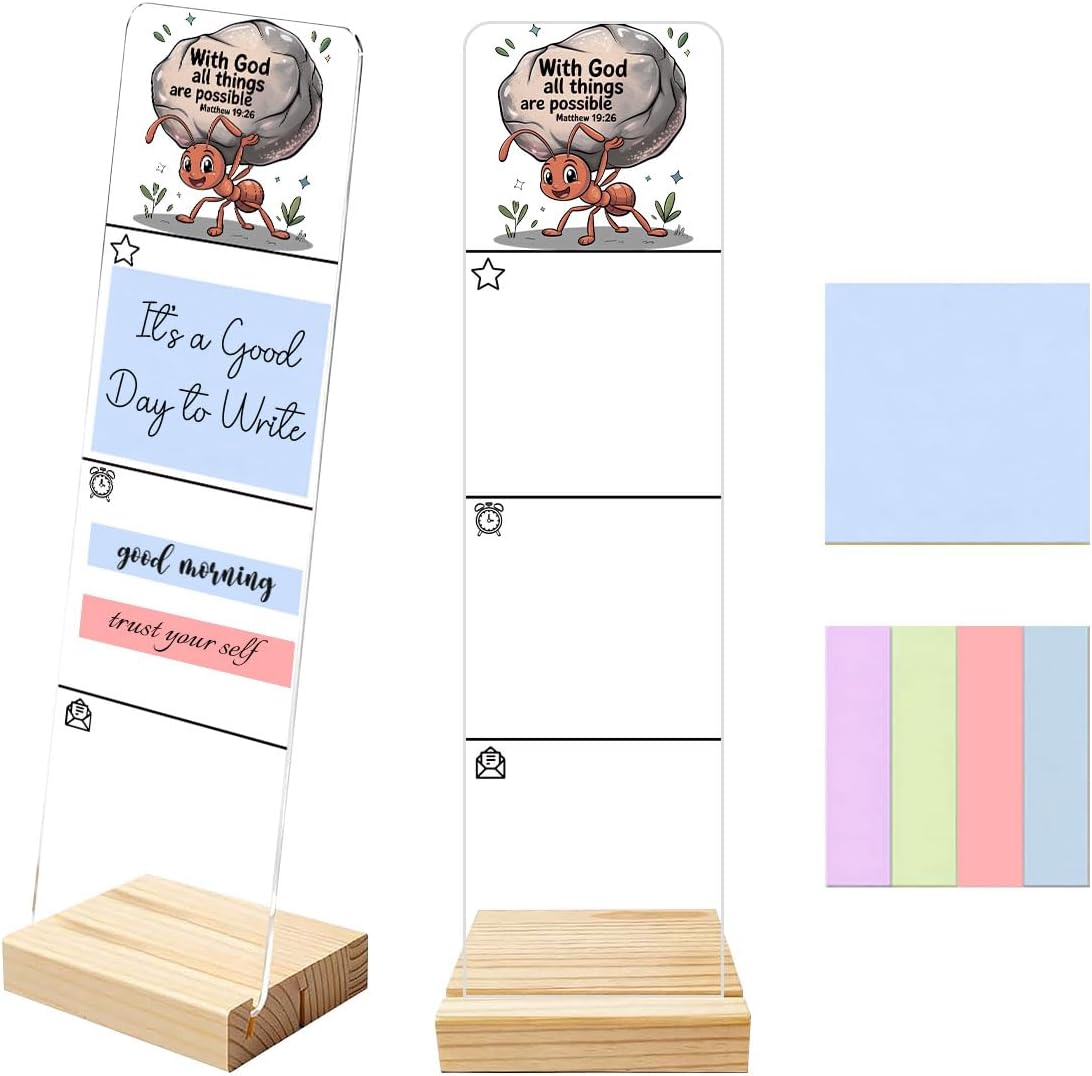 Sticky Notes Monitor Memo Board Acrylic Note Holder with Removable Wooden Base, Everything is Fine Logo Desk Set Includes 200 Sheets Two Sizes Sticky Notes, Office Desk Accessories Organizer
