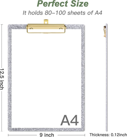 Rimilak Acrylic Glitter Clipboards, Sparkly Board with Low Profile Gold Clip, Designed for Classroom School and Office Use, A4 Letter Size 9 x 12.5 in, Pink