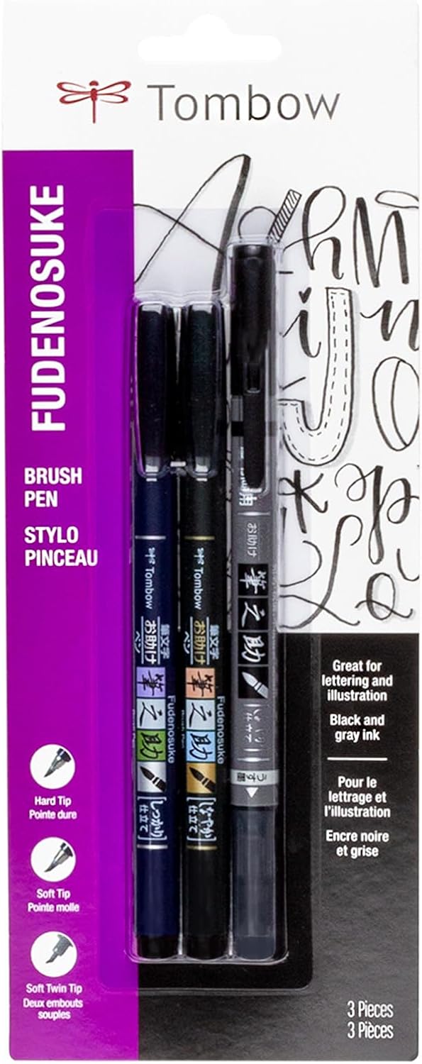 Tombow 62038 Fudenosuke Brush Pen, 2-Pack. Soft and Hard Tip Fudenosuke Brush Pens for Calligraphy and Art Drawings