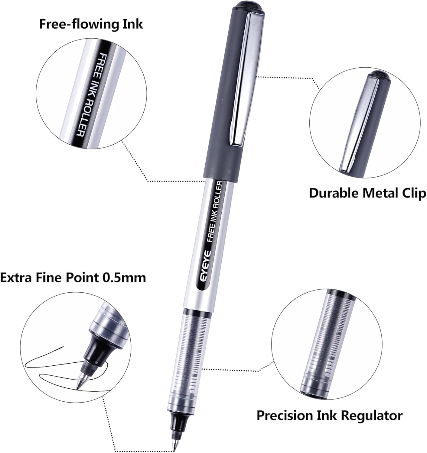 EYEYE 25 Pack 0.5mm Blue Rollerball Pens Extra Fine Point Quick Dry, Liquid Ink Pens Fine Point Smooth Writing Pen for Journaling, Note Taking, Office, School Supplies