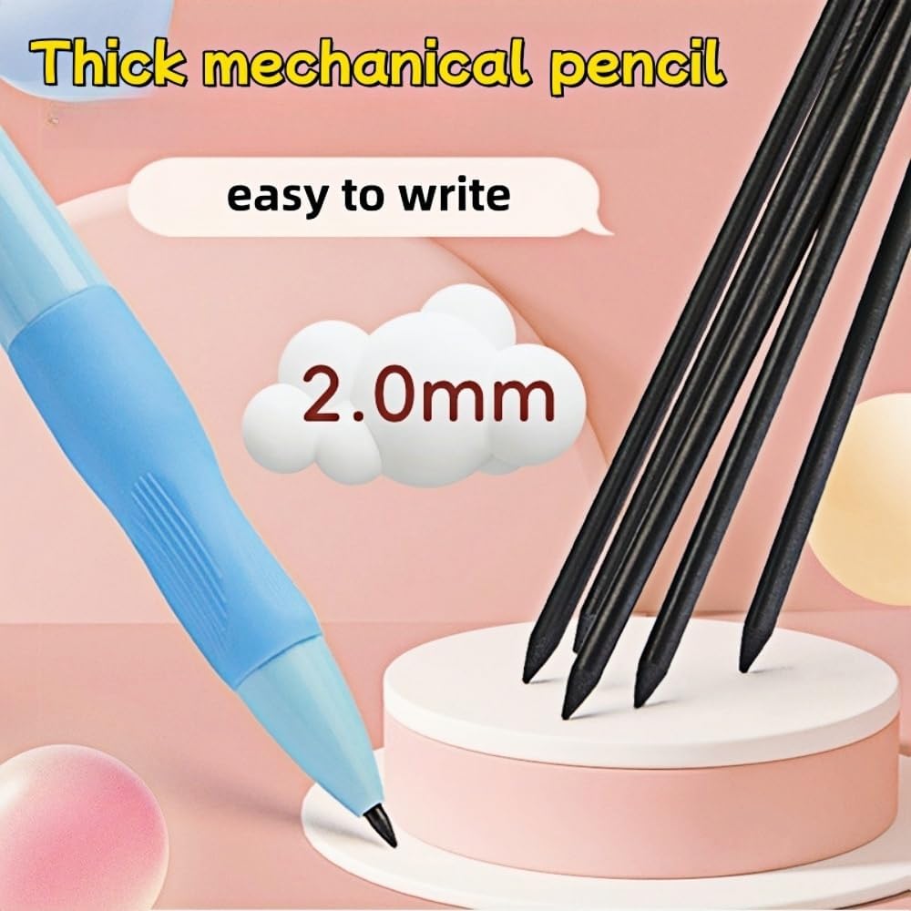 Handwriting thick mechanical pencils with grip: 2.0MM HB Pencil for kids with 14 leads (6 pack)